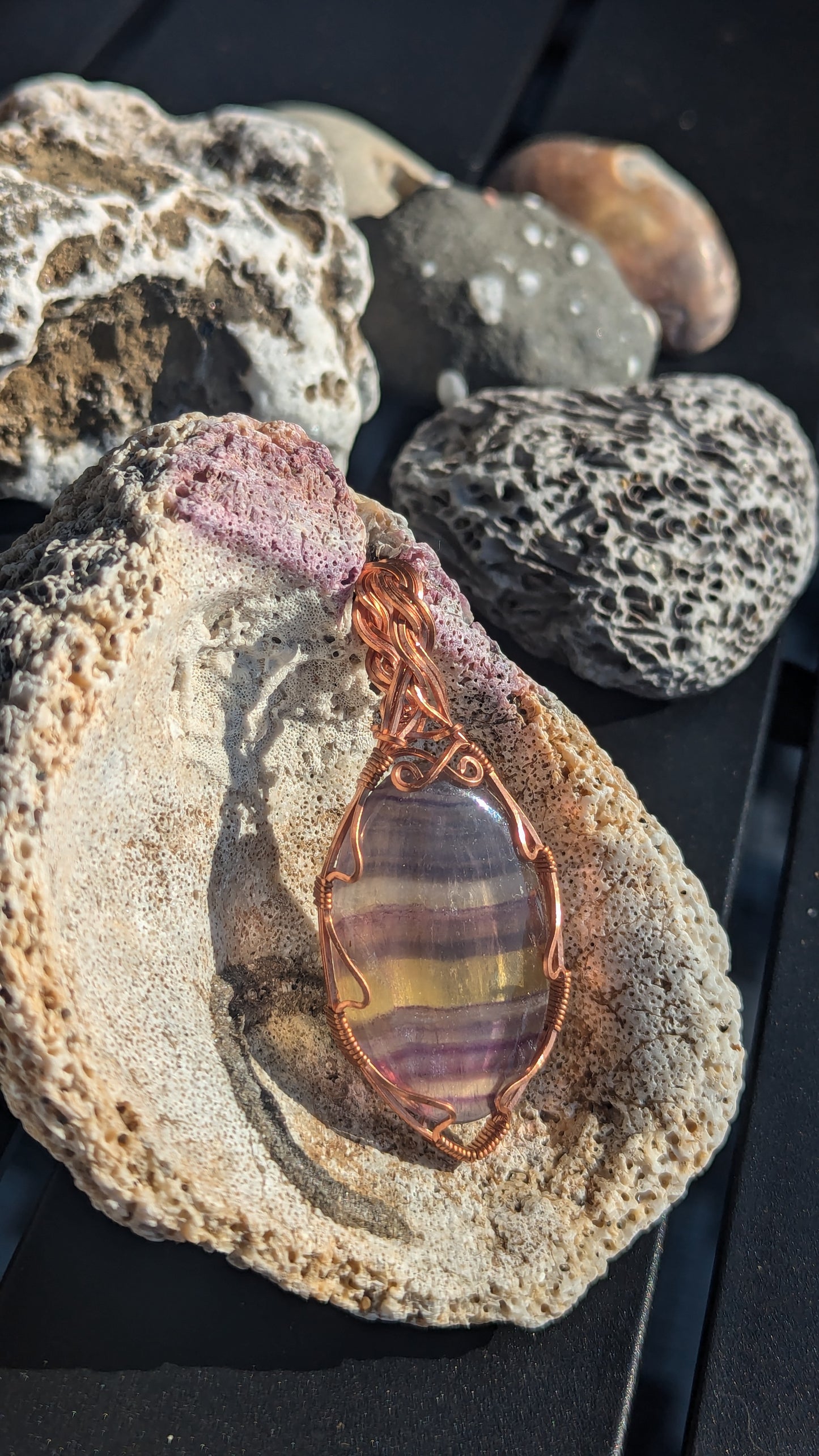 Rainbow fluorite pendant in copper