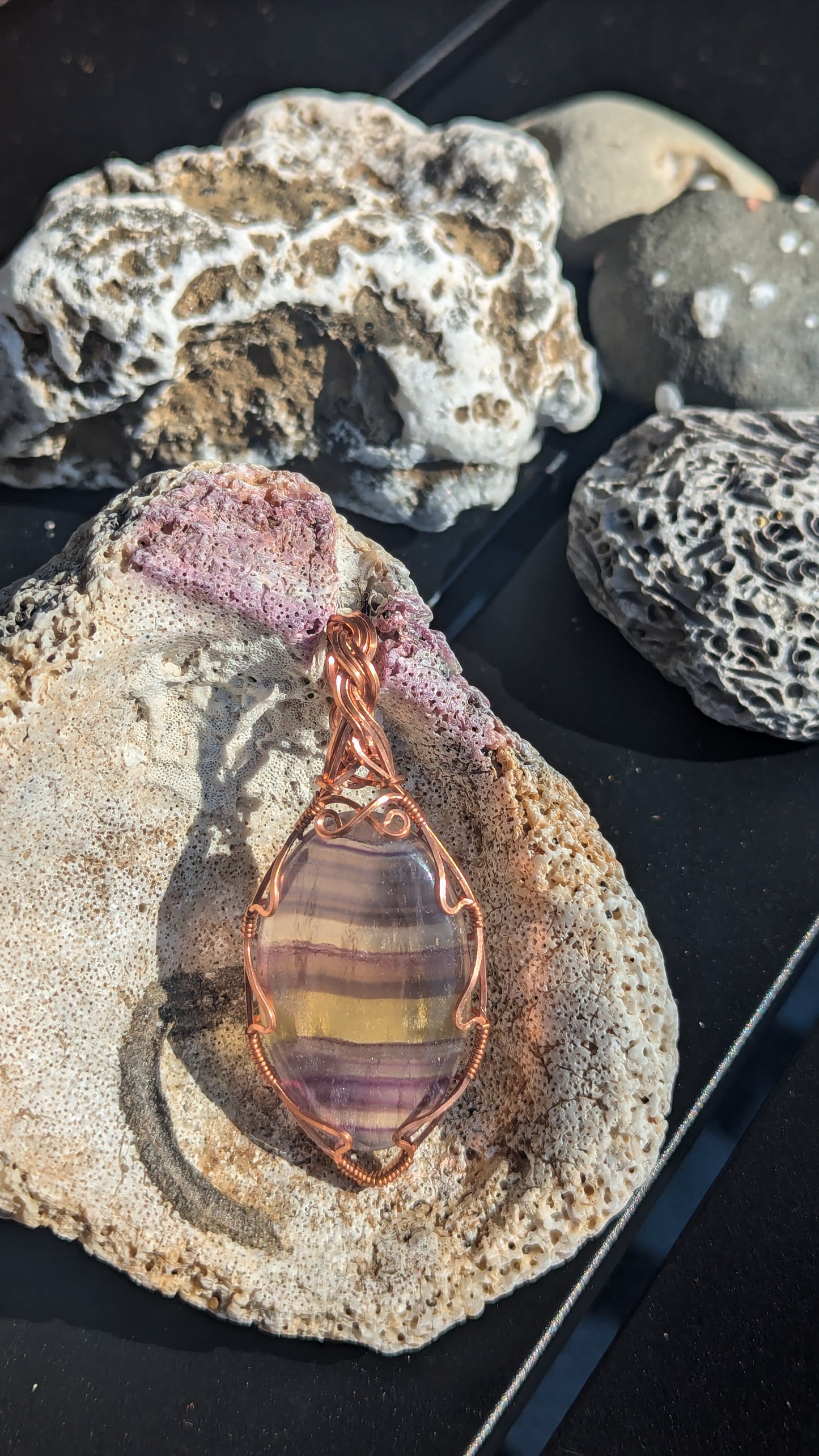 Rainbow fluorite pendant in copper