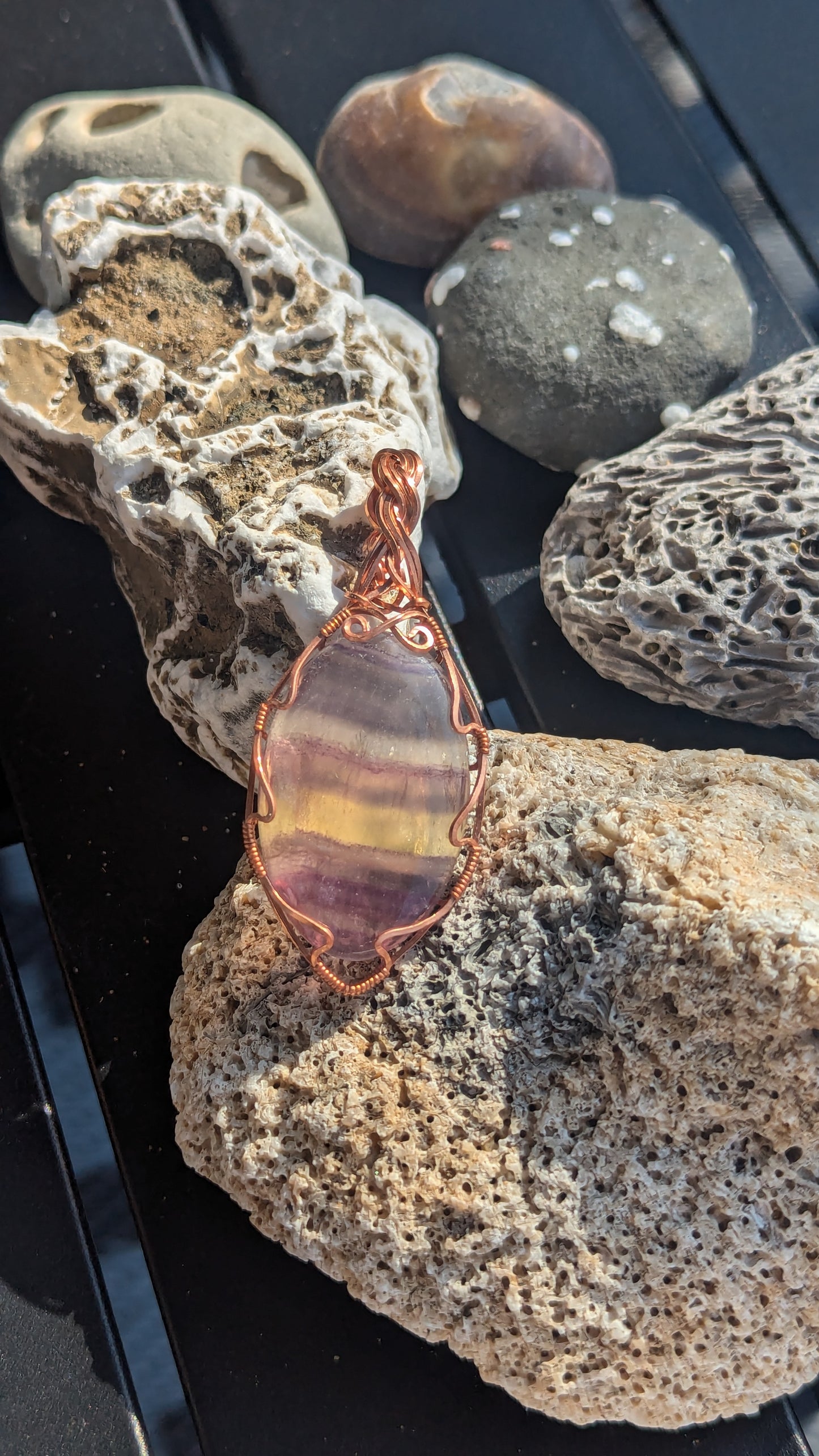 Rainbow fluorite pendant in copper